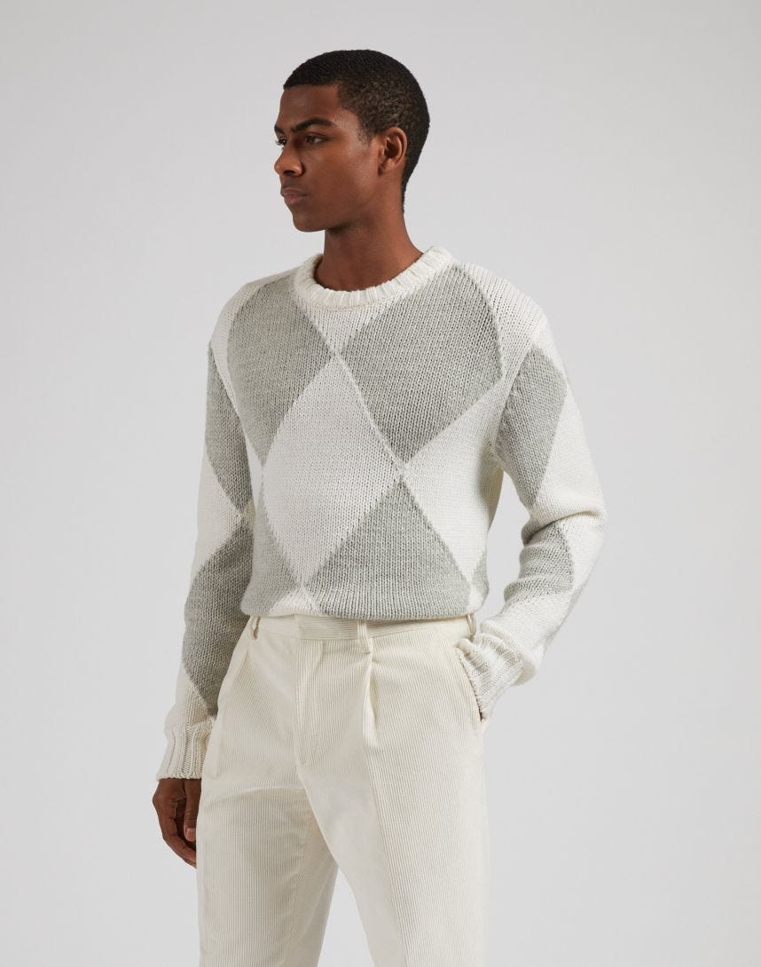White crew-neck sweater with two-tone grey intarsia