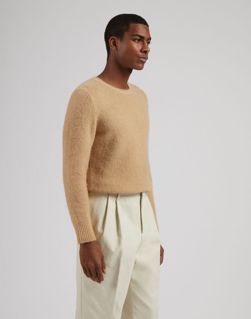 Beige crew-neck plain knit sweater