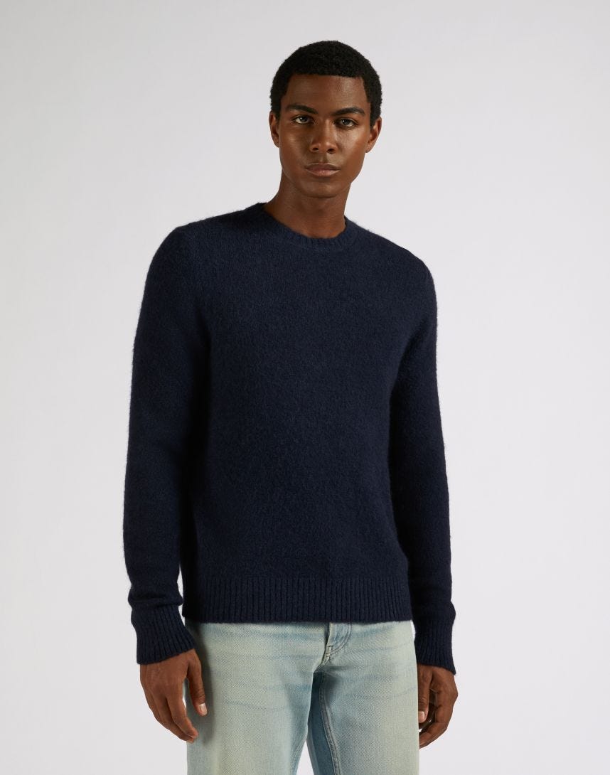 Blue crew-neck plain knit sweater