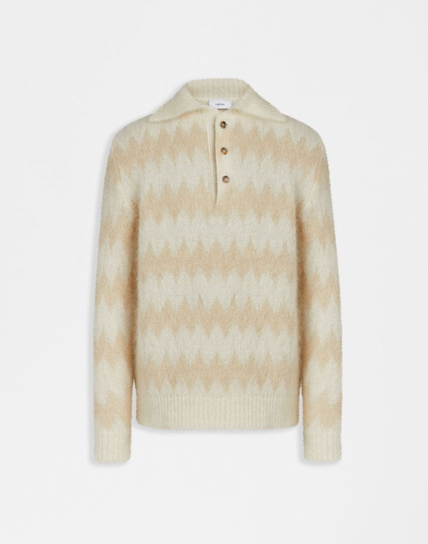 Long-sleeve two-tone polo shirt in white and beige kid mohair