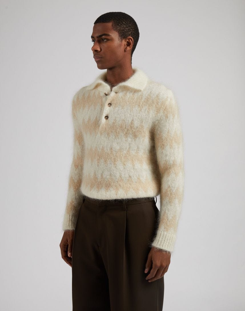 Long-sleeve two-tone polo shirt in white and beige kid mohair