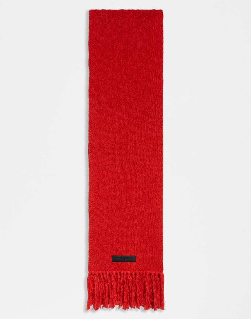 Sciarpa rossa in maglia di lana e cashmere con peneri