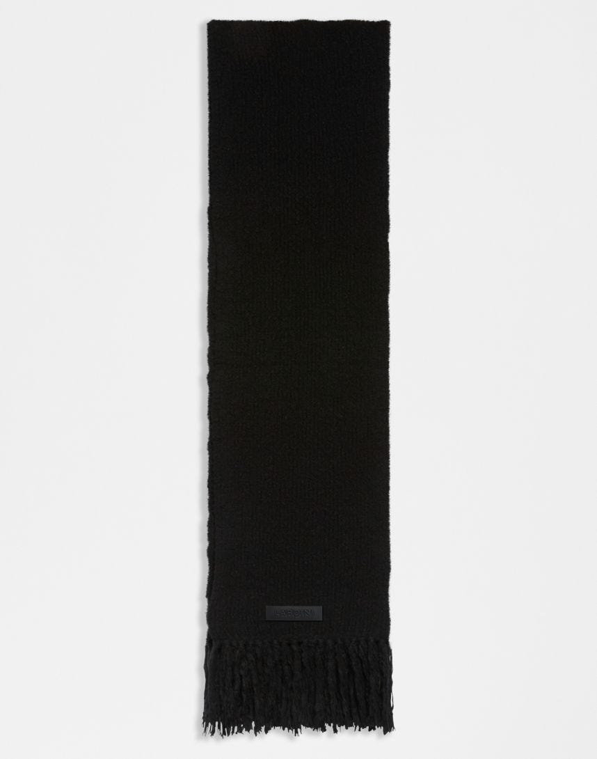 Black wool and cashmere knit fringed scarf