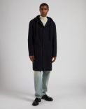 Manteau droit bleu en laine à capuche et cordon de serrage 3