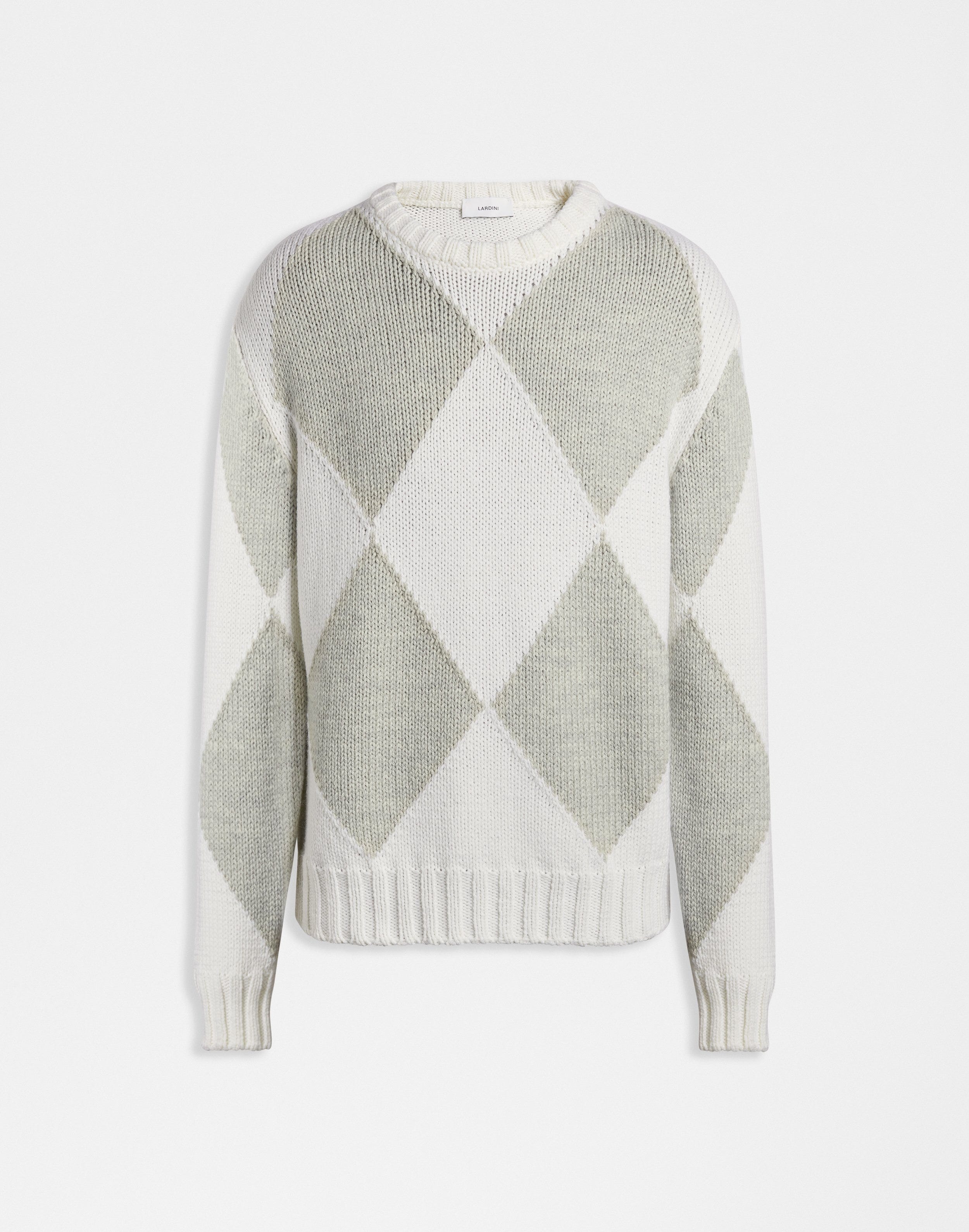 White crew-neck sweater with two-tone grey intarsia