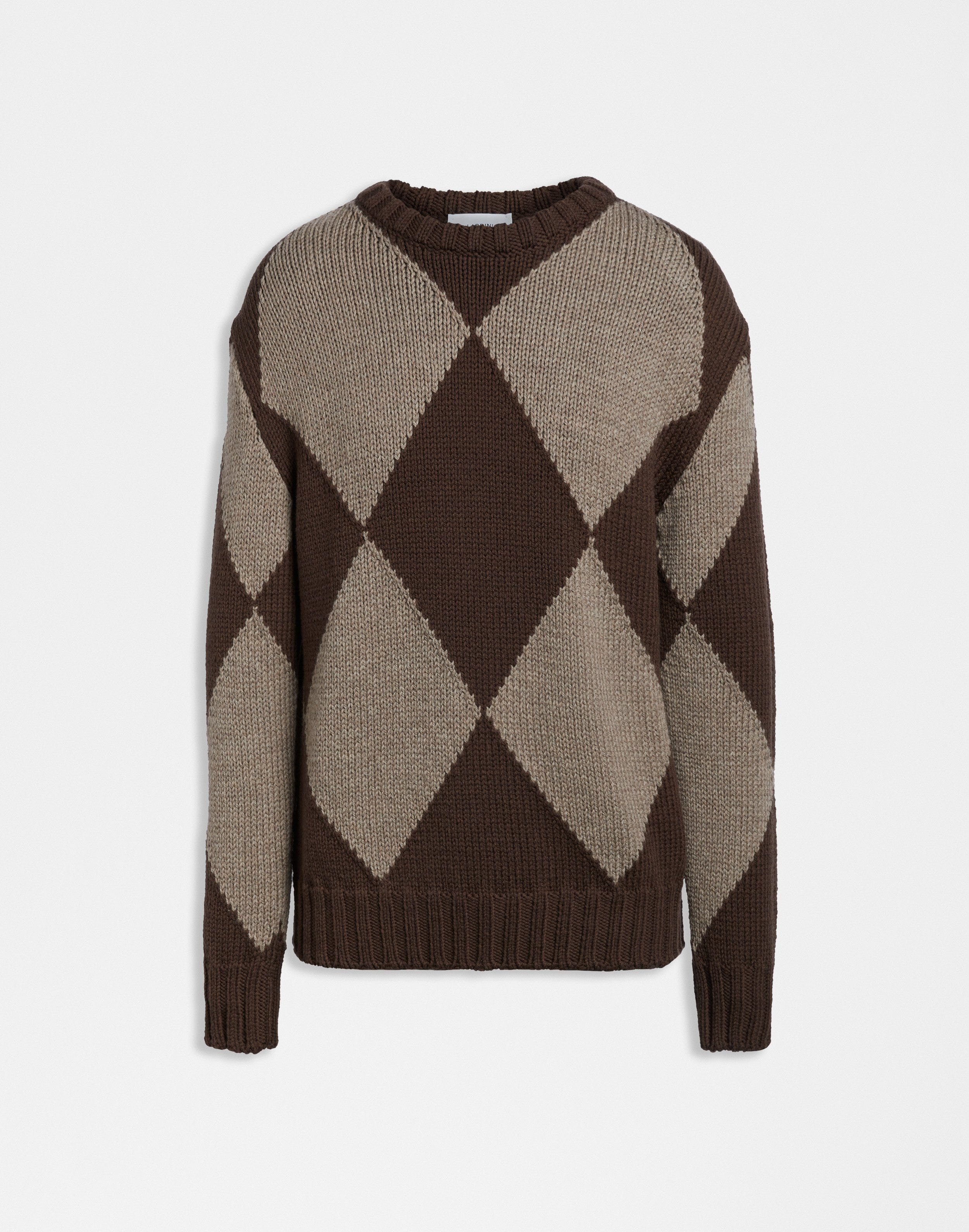 Brown crew-neck sweater with two-tone hazelnut intarsia.