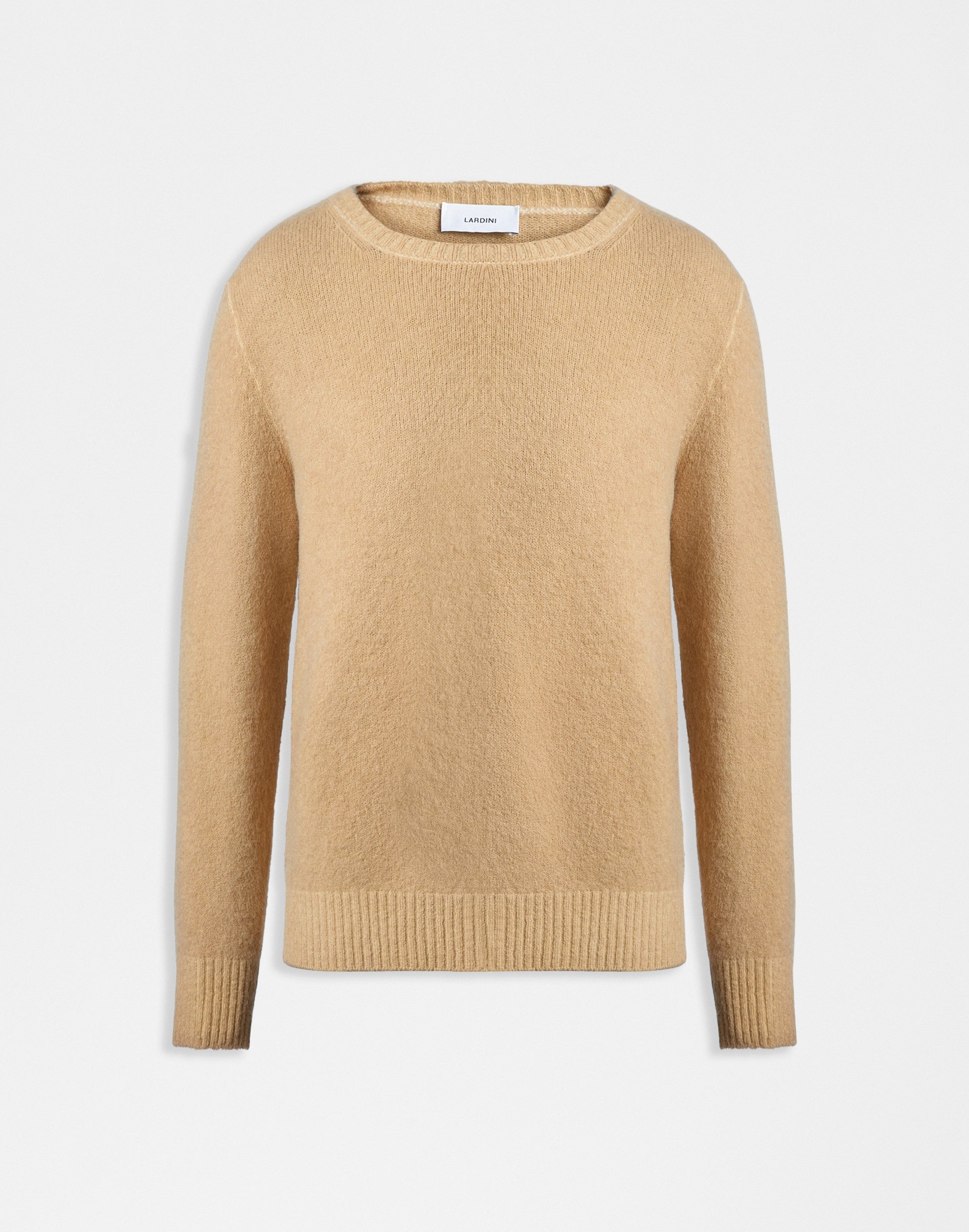 Beige crew-neck plain knit sweater