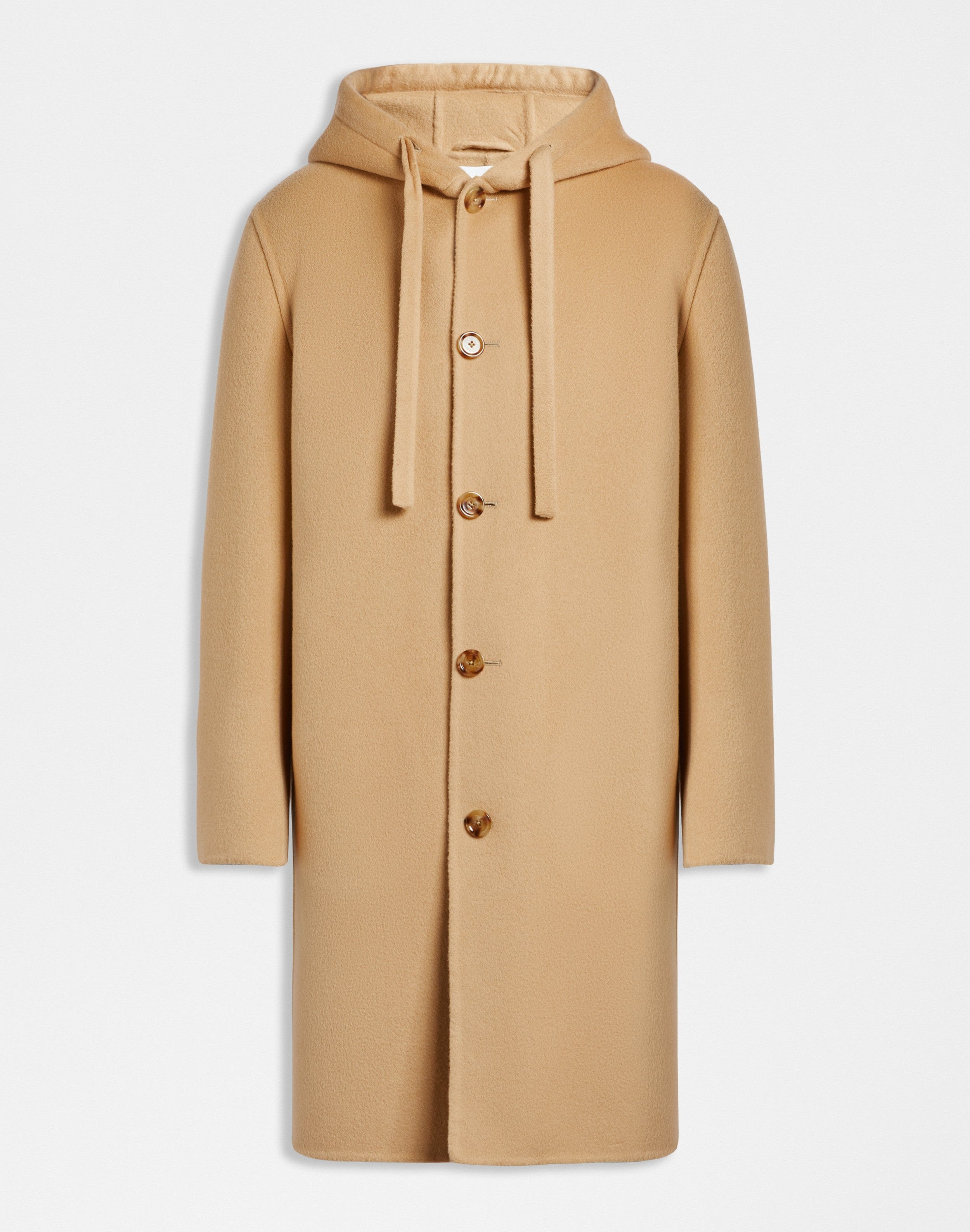 Single-breasted beige wool coat with a hood and drawstring